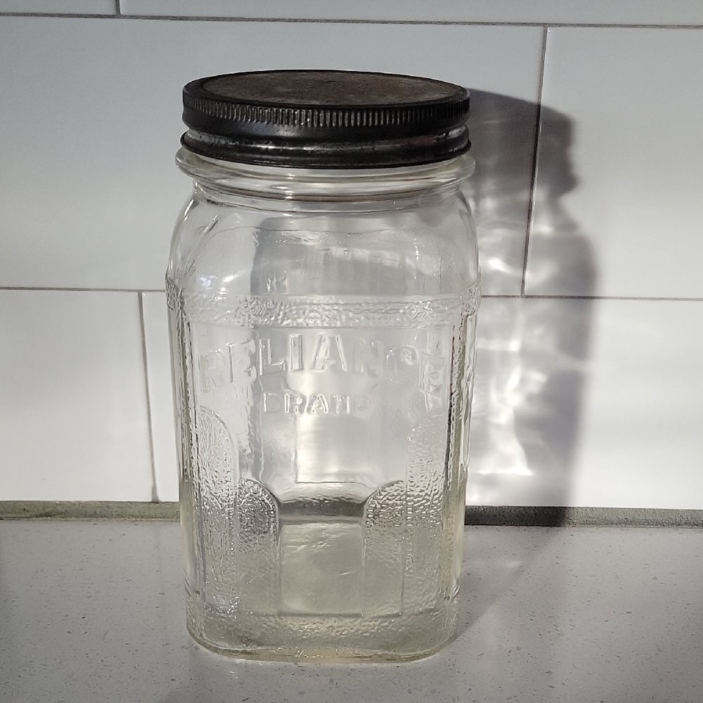 Antique Square Glass Jar Reliance Brand